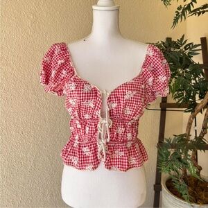 Red ruched gingham embroidered front tie top